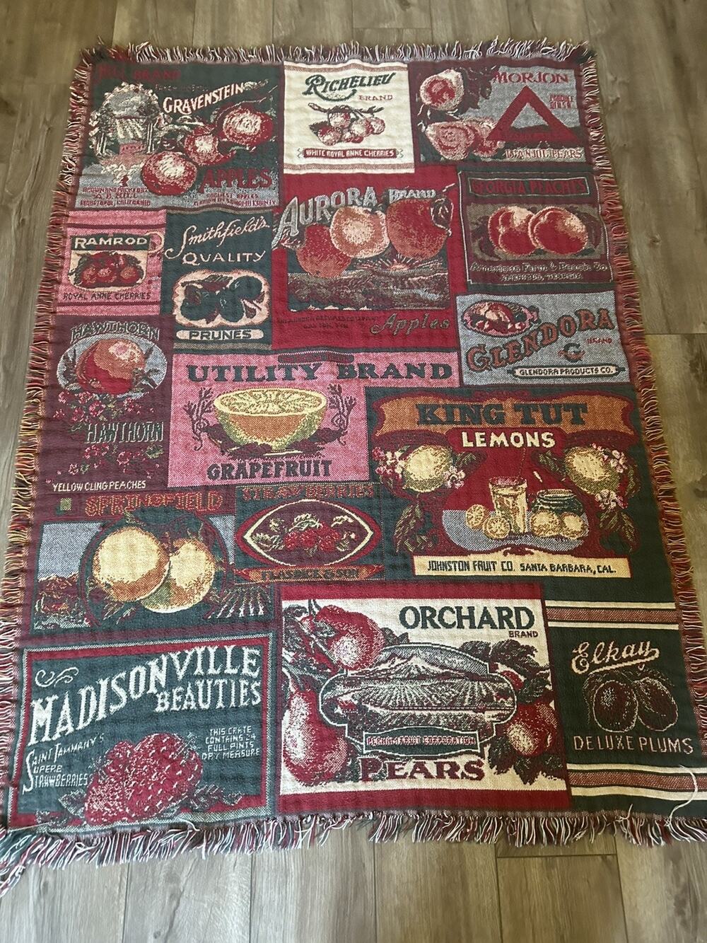 Goodwin Weavers Tapestry Throw Blanket Fruit Labels Cotton USA Vtg
